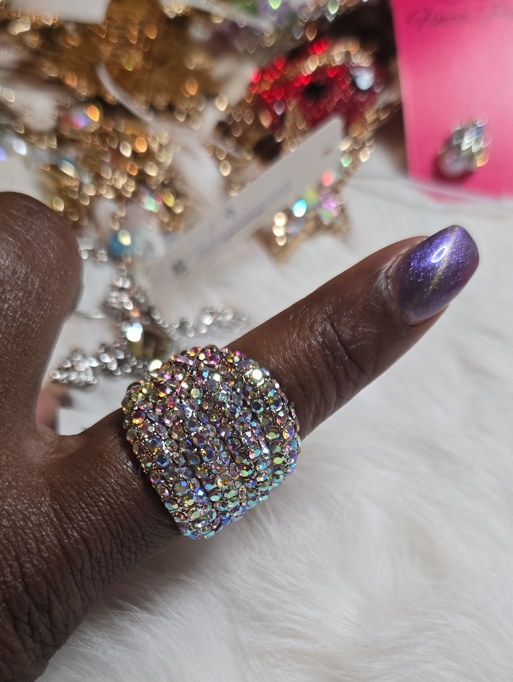 Crystal Pavé AB Dome Cocktail Adjustable Ring NWT